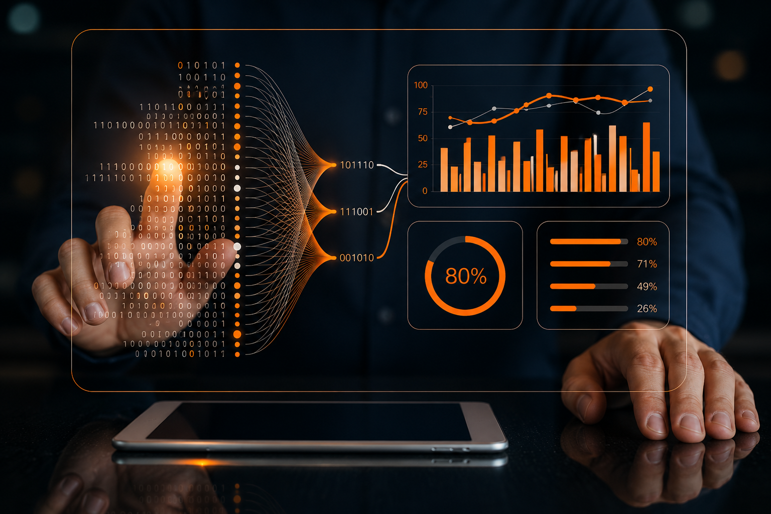 A person interacting with an AI neural network interface connected to live business data