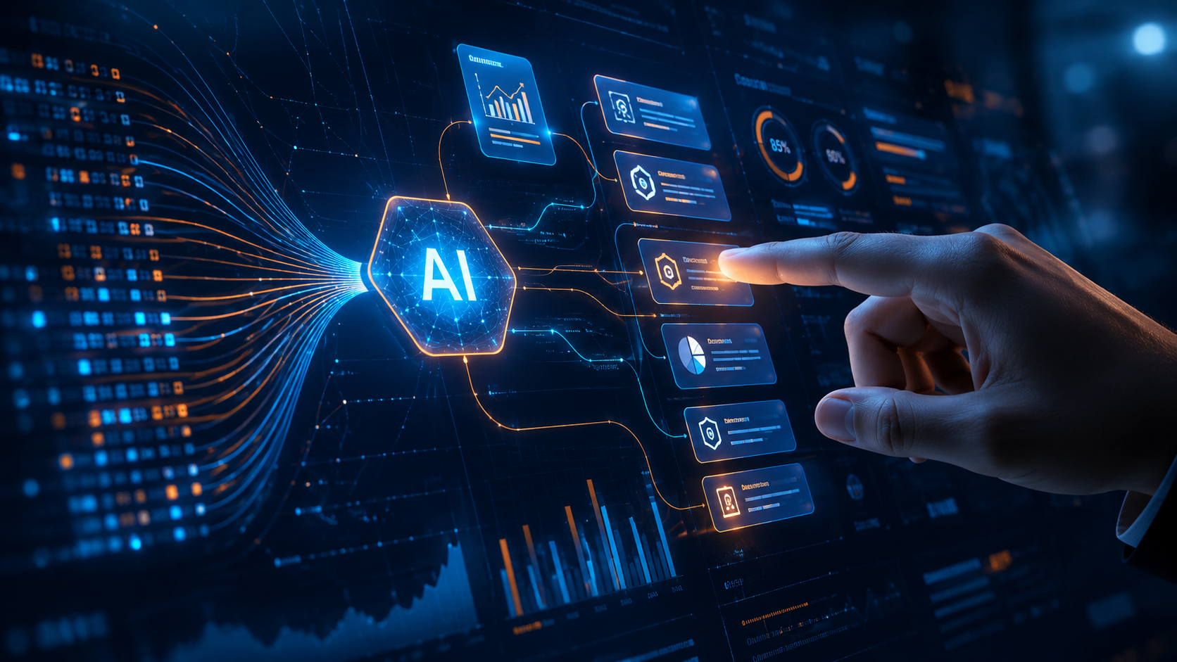 AI system processing and organising business data across connected workflow cards