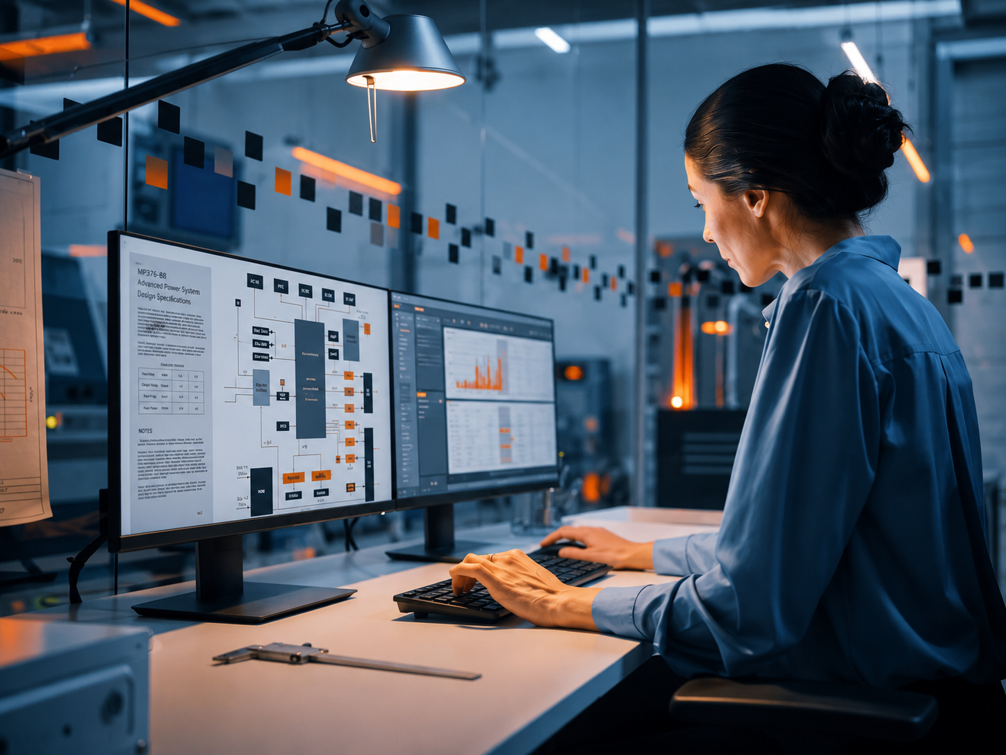 A team member reviewing operational dashboards and workflow data on dual monitors