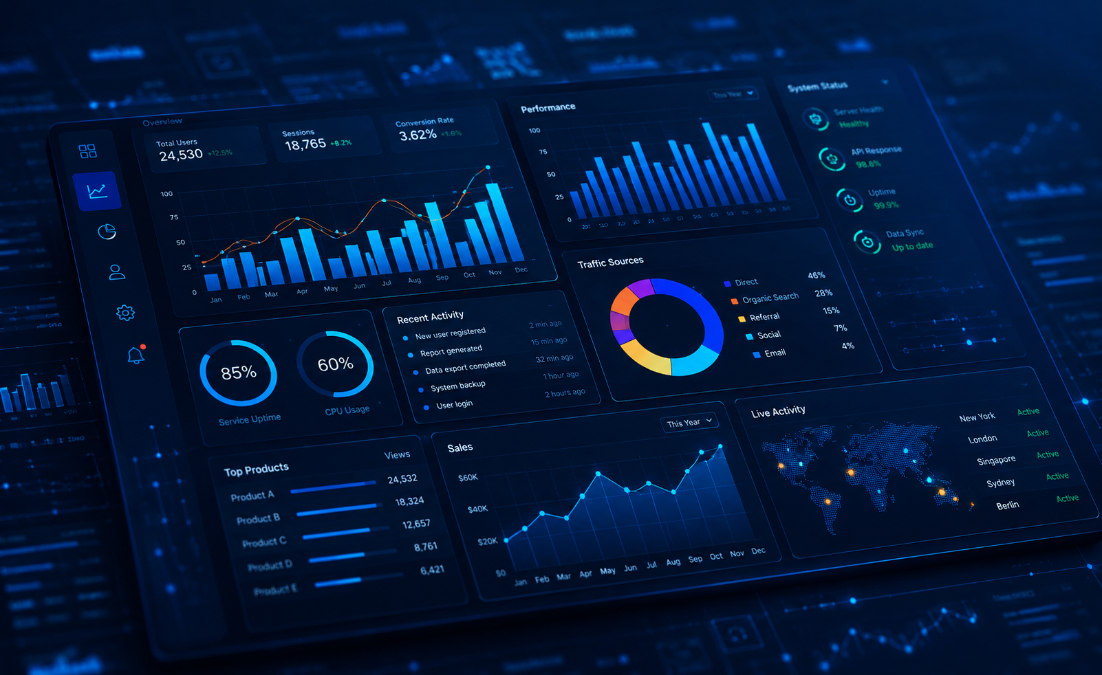 A custom software dashboard showing live business analytics and performance data