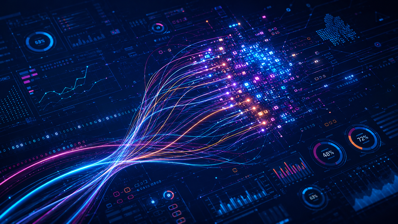 Digital data streams converging into an AI automation system